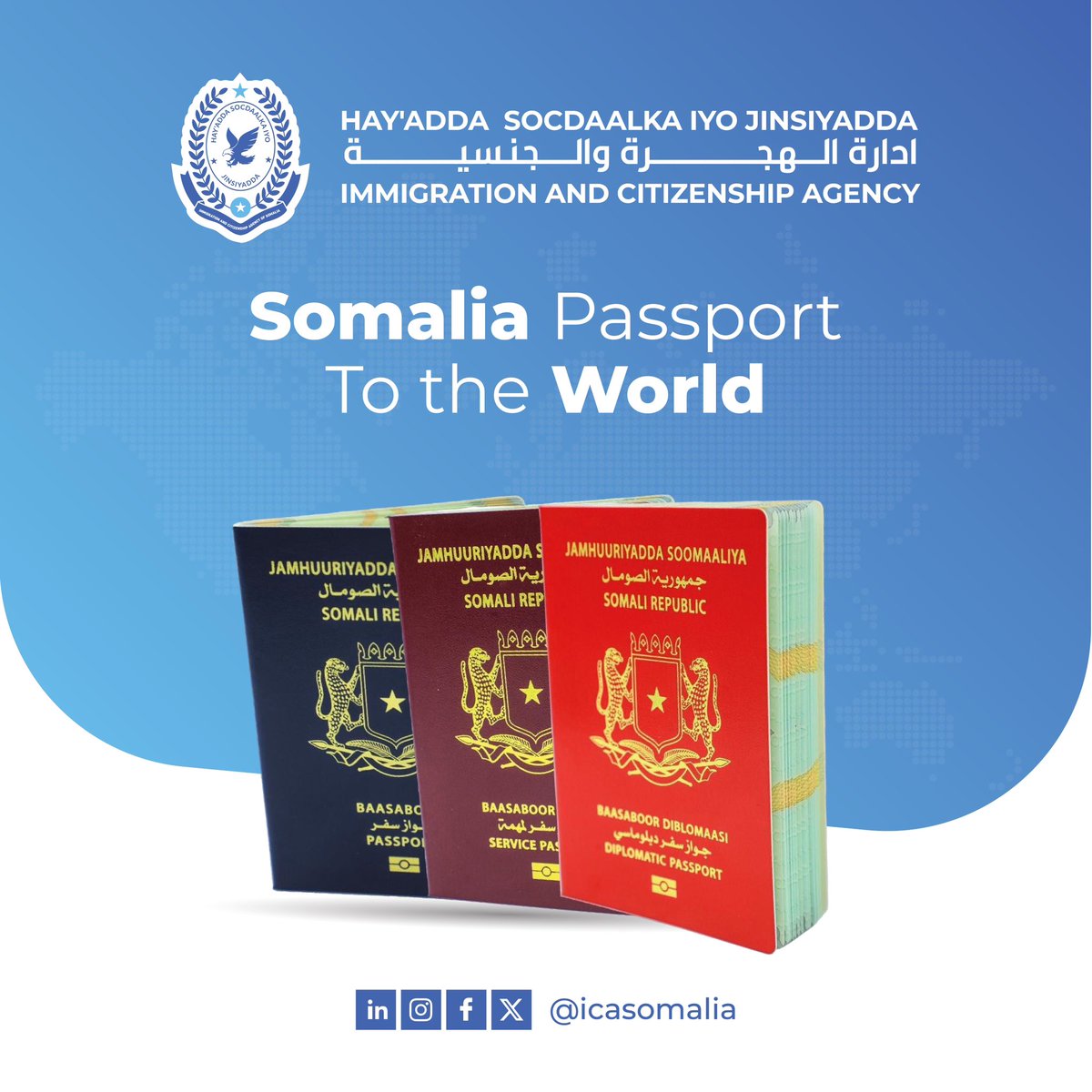 ICA Somalia (@icasomalia) on Twitter photo The ICA under the leadership of <a href="/M_Duhulow/">Mustafa Duhulow</a> proudly operates over 63 branches nationwide and 28 overseas immigration Consular services.
The branches are dedicated to delivering essential immigration and citizenship services. #SomaliapassportTotheWorld The ICA under the leadership of <a href="/M_Duhulow/">Mustafa Duhulow</a> proudly operates over 63 branches nationwide and 28 overseas immigration Consular services.
The branches are dedicated to delivering essential immigration and citizenship services. #SomaliapassportTotheWorld