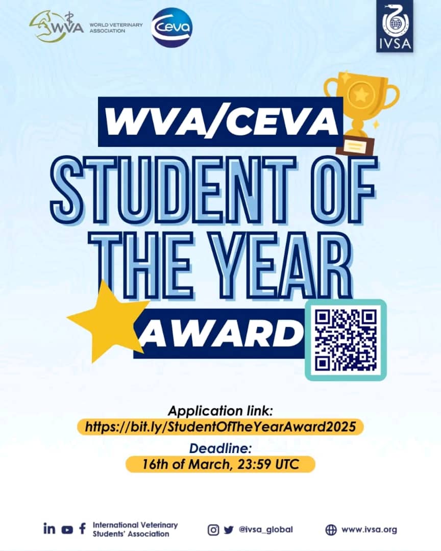 IVSA GLOBAL (@ivsa_global) on Twitter photo Excited to share that the <a href="/WorldVetAssoc/">World Veterinary Association</a> Congress 2025 is recognizing outstanding veterinary students. Apply for the Student of the Year Award & seize the chance to intern with top veterinarians through the IVSA/CEVA Travel Grant
Deadline: March 16, 2025, 23:59 UTC+0. Excited to share that the <a href="/WorldVetAssoc/">World Veterinary Association</a> Congress 2025 is recognizing outstanding veterinary students. Apply for the Student of the Year Award & seize the chance to intern with top veterinarians through the IVSA/CEVA Travel Grant
Deadline: March 16, 2025, 23:59 UTC+0.