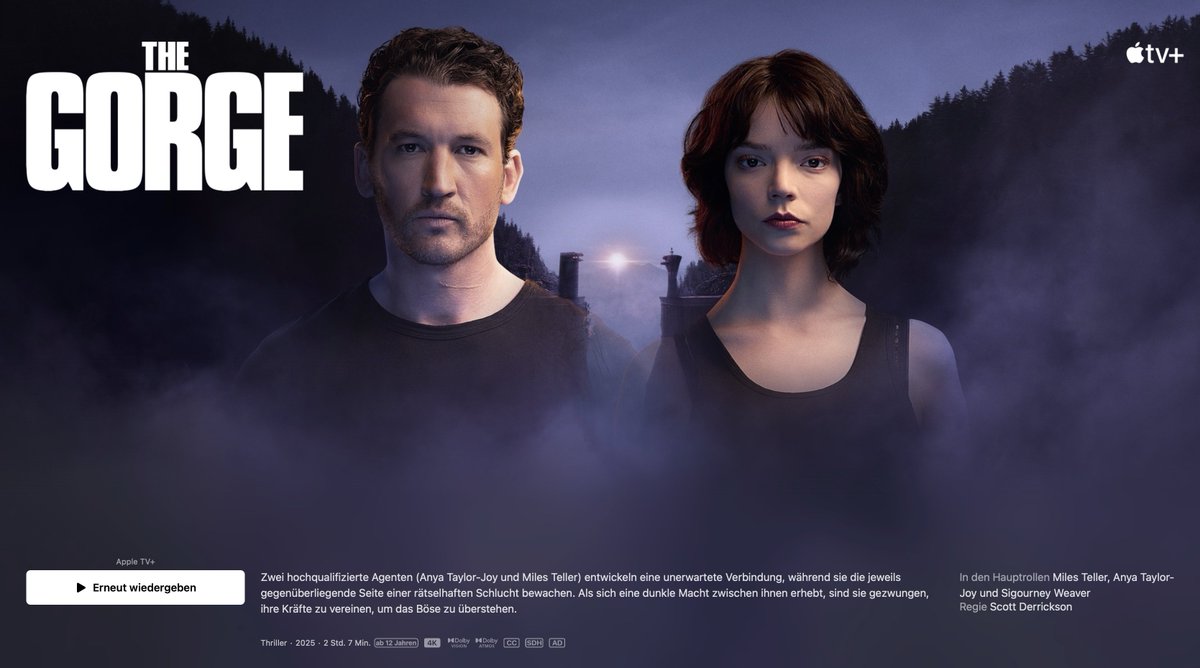 Watched "The Gorge" movie yesterday. Anya Taylor-Joy (known from the awesome Queens Gambit) and Miles Teller play really well. The begin of the story is really remarkable and it goes like that until the middle of the movie. The moment the fancy zombie aka hollow men appears the