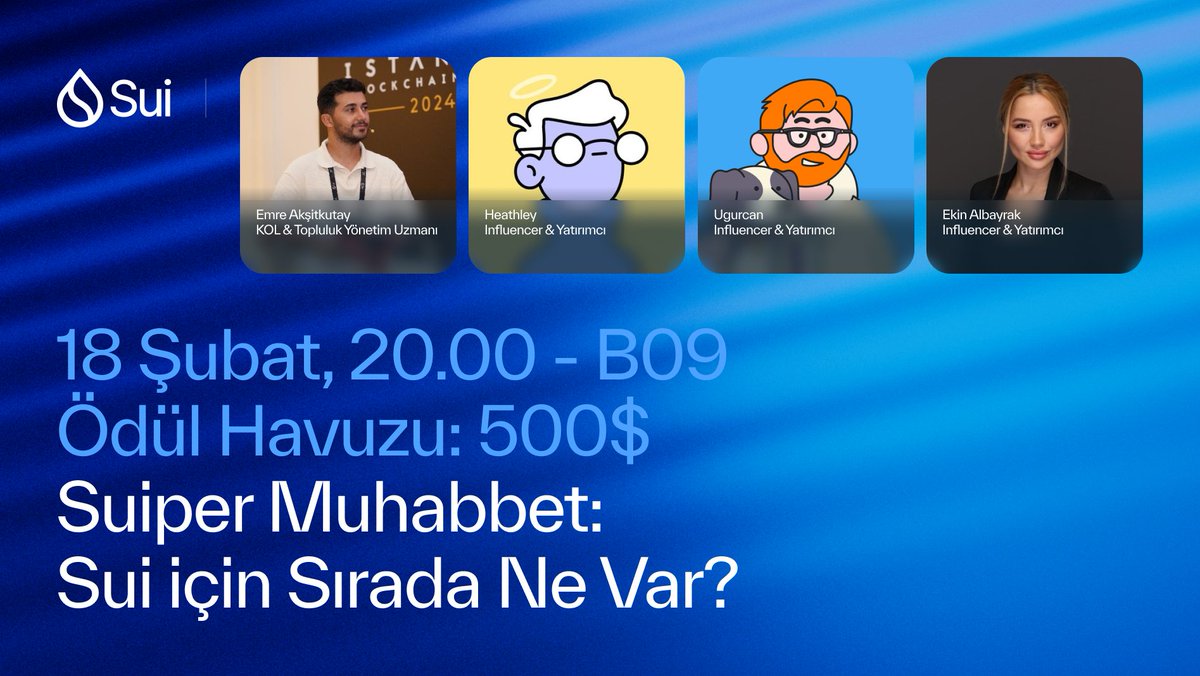 Sui Türkiye 🇹🇷 (@suinetwork_tr) on Twitter photo Sui'nin yarınını konuşalım!
500$ ödül havuzumuz var:
1️⃣ Beğeni & RT yapan 10 kişiye 250$
2⃣ Yorumlardaki en iyi 5 soruya ise 250$
Suiper Muhabbet'in dokuzuncu bölümünde; <a href="/EmreAksitkutay/">Emre Akşitkutay</a> ile <a href="/Hoodies_CT/">Hoodies ©</a> ekibinden <a href="/HeathleyETH/">Heathley ⚔️</a>, <a href="/UgurcnU/">ugurcan.eth Ξ</a> ve <a href="/EkinAlbayrak9/">Ekin Albayrak 🇹🇷</a> konuklarımız olacak. Sui'nin yarınını konuşalım!
500$ ödül havuzumuz var:
1️⃣ Beğeni & RT yapan 10 kişiye 250$
2⃣ Yorumlardaki en iyi 5 soruya ise 250$
Suiper Muhabbet'in dokuzuncu bölümünde; <a href="/EmreAksitkutay/">Emre Akşitkutay</a> ile <a href="/Hoodies_CT/">Hoodies ©</a> ekibinden <a href="/HeathleyETH/">Heathley ⚔️</a>, <a href="/UgurcnU/">ugurcan.eth Ξ</a> ve <a href="/EkinAlbayrak9/">Ekin Albayrak 🇹🇷</a> konuklarımız olacak.