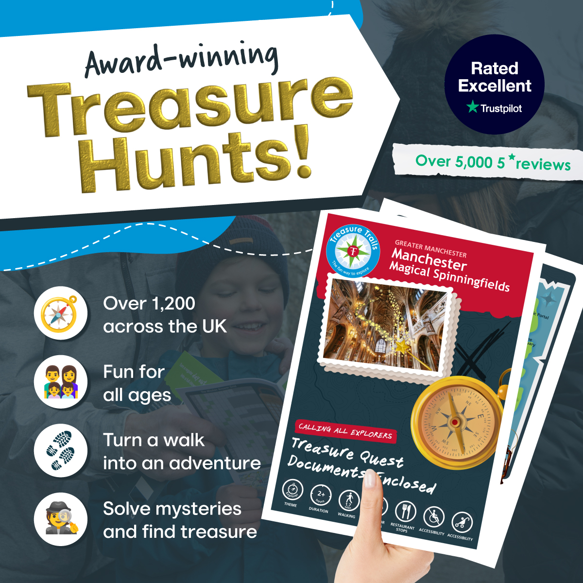 Treasure Trails - self-guided treasure hunt, detective mystery and spy mission themed adventures for all ages across the UK! 🧭

Visit treasuretrails.co.uk to find out more.