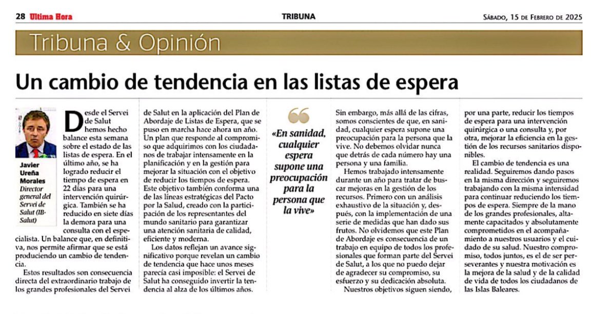 PP Balears (@ppbalears) on Twitter photo “El cambio de tendencia es una realidad. Seguiremos dando pasos en la misma dirección y trabajando con la misma intensidad para continuar reduciendo los tiempos de espera”
✍🏻 Tribuna del director de l’<a href="/ibsalut/">Servei de Salut de les Illes Balears (IB-SALUT)</a> <a href="/javiurenam/">Javier Ureña</a> a <a href="/UHmallorca/">Ultima Hora Mallorca</a>
#elCanvideVeres
🔗ultimahora.es/opinion/tribun… “El cambio de tendencia es una realidad. Seguiremos dando pasos en la misma dirección y trabajando con la misma intensidad para continuar reduciendo los tiempos de espera”
✍🏻 Tribuna del director de l’<a href="/ibsalut/">Servei de Salut de les Illes Balears (IB-SALUT)</a> <a href="/javiurenam/">Javier Ureña</a> a <a href="/UHmallorca/">Ultima Hora Mallorca</a>
#elCanvideVeres
🔗ultimahora.es/opinion/tribun…