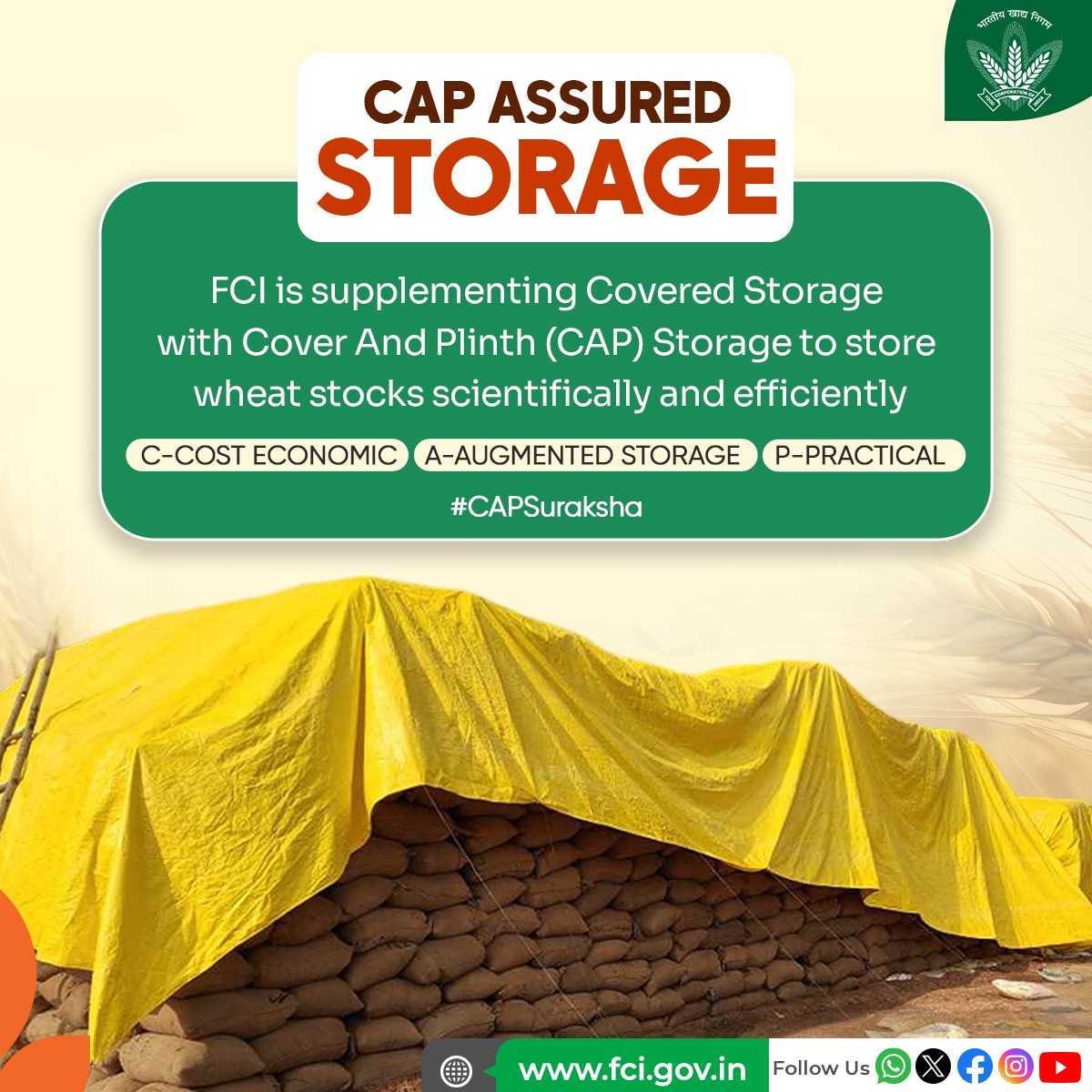 FCI_India's tweet photo. CAP storage is a proven, cost-effective, easy to set up and reliable grain storage method. FCI is using CAP to augument Covered storage in short to medium term.
#CAPSuraksha #CAPstorage #Storage #RabiMarketingSeason #RMS202526 #FCI #India https://t.co/POVs5o38aa