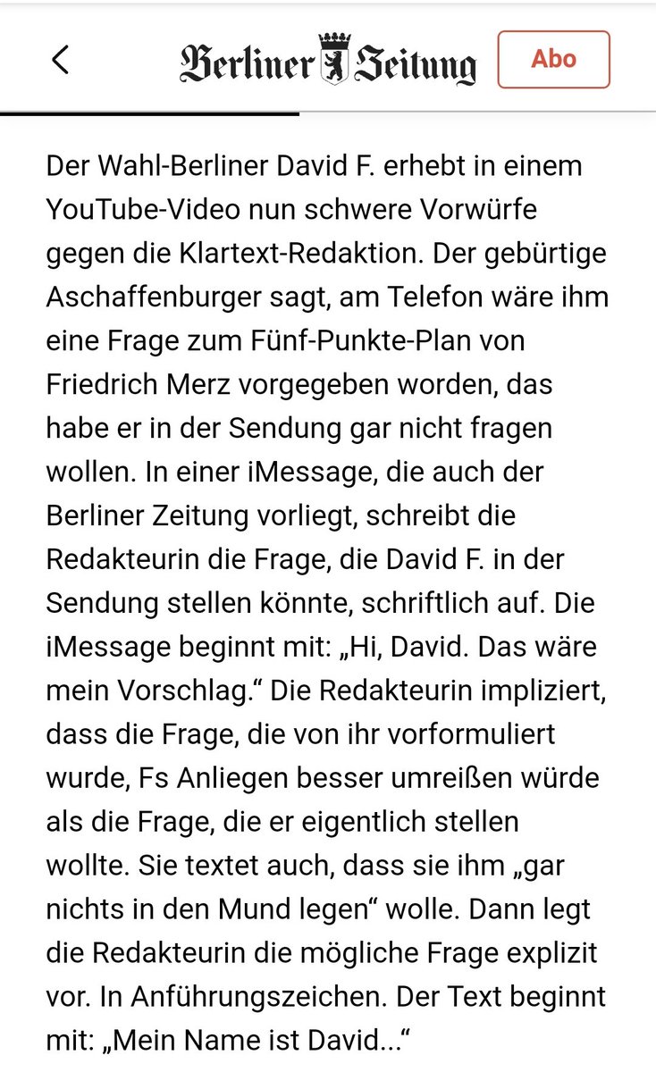Der Wahl-Berliner David F. erhebt in einem YouTube-Video nun schwere Vorwürfe gegen die #Klartext-Redaktion. Der gebürtige Aschaffenburger sagt, am Telefon wäre ihm eine Frage zum Fünf-Punkte-Plan von Friedrich Merz vorgegeben worden, das habe er in der Sendung gar nicht fragen