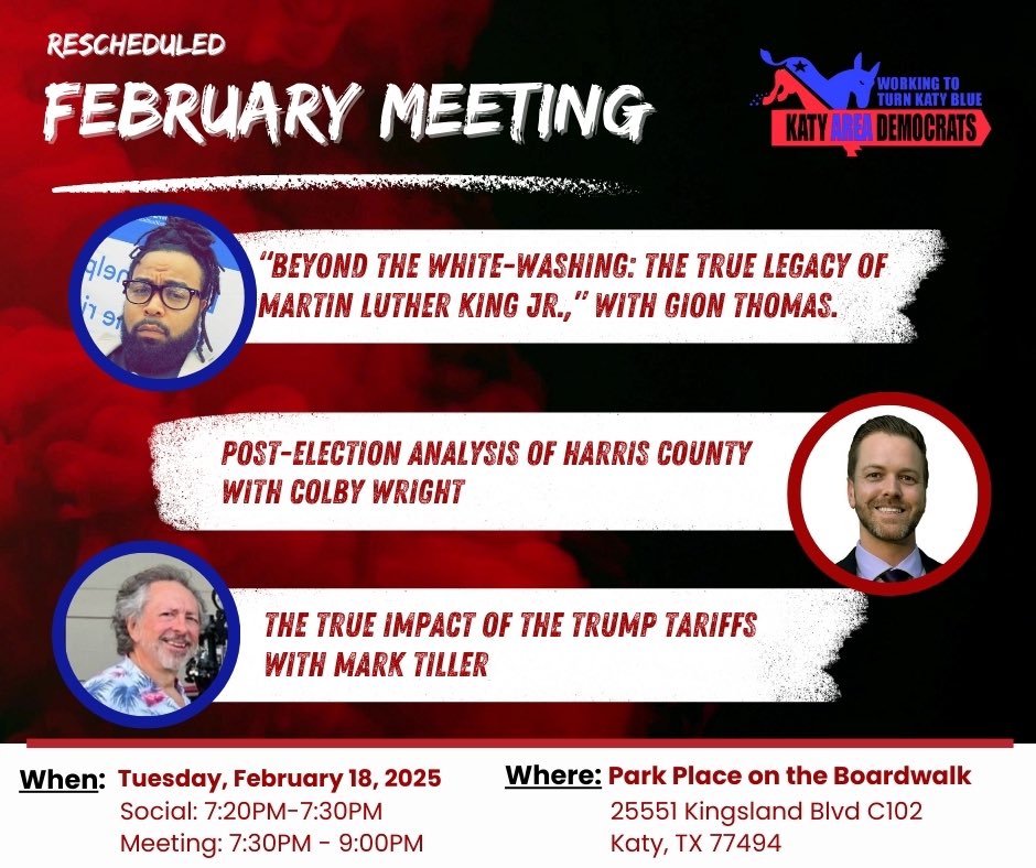 The <a href="/KatyDemocrats/">Katy Area Democrats</a> can’t wait to see y’all next Tuesday at 7:30PM to hear from a great set of speakers! 🎤 

Please join us to socialize with your fellow #Democrats and keep moving towards the future! 👊🏽💙

#Onwards #Katy