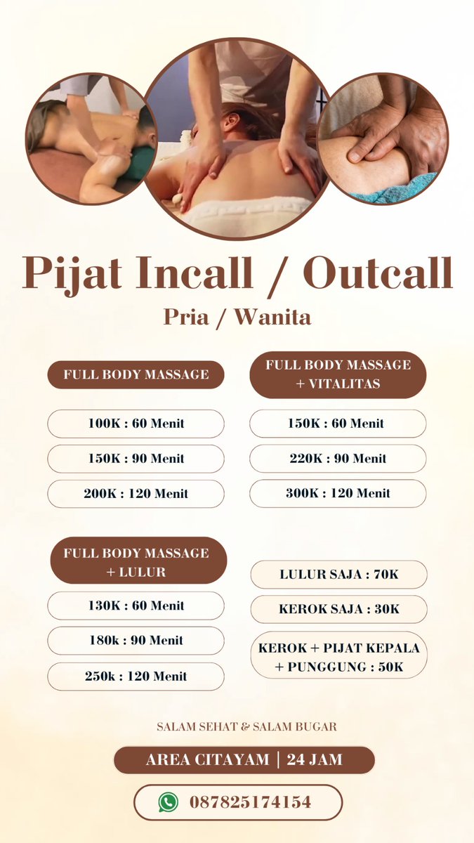 BintangP90237's tweet photo. yg lagi butuh pijat incall 24 jam area citayam
#pijatsensual #PIJATVITALITAS #depok #citayam #MassageFullBody https://t.co/zqfxq2d33N