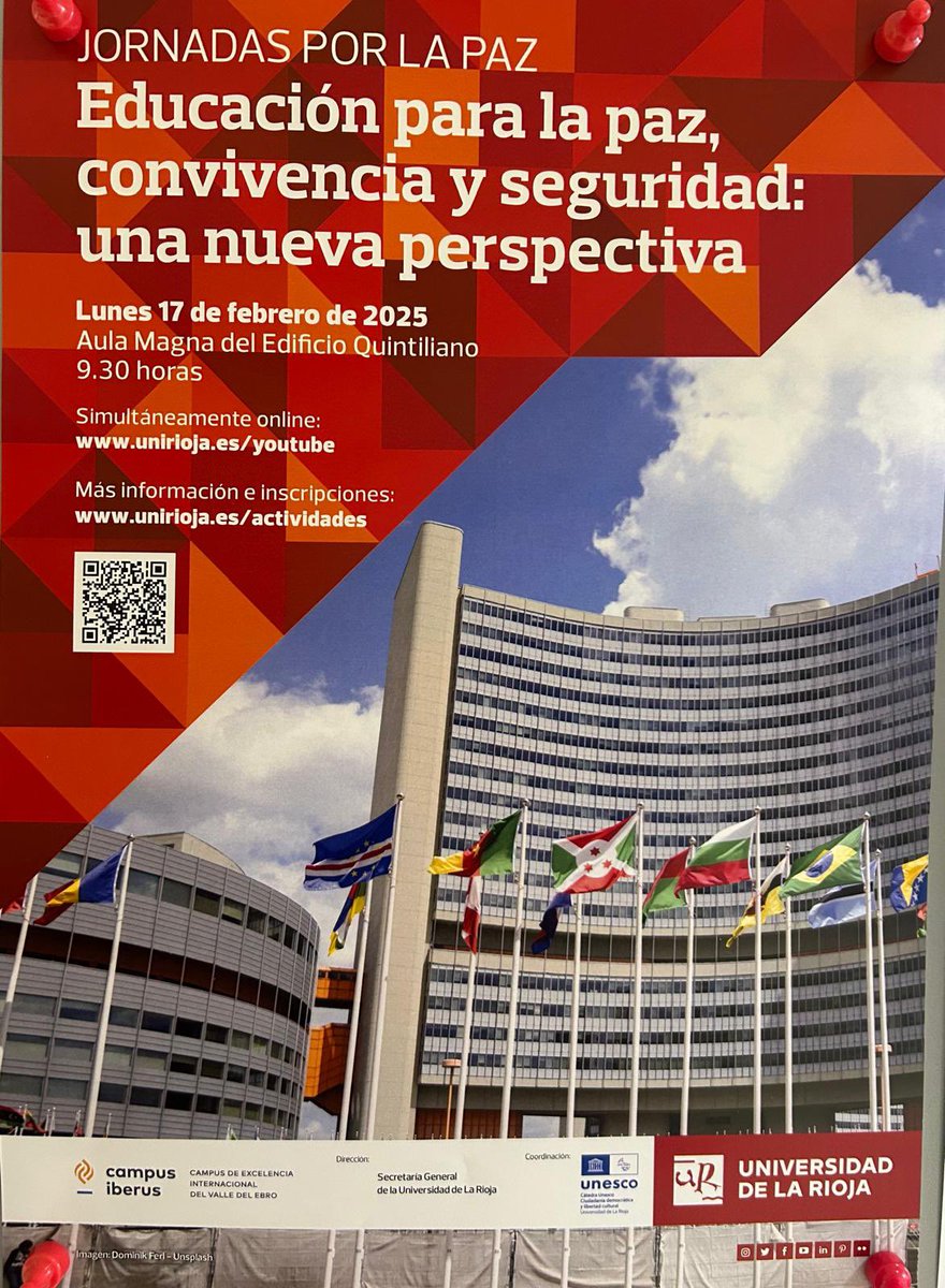 Jornadas por la Paz. Educación para la paz, convivencia y seguridad. Por David Fernández Puyana
17 Feb 2025
9.30 horas Aula Magna Edificio Quintiliano Canal UR YouTube Entrada libre
<a href="/unirioja/">Universidad de La Rioja</a>