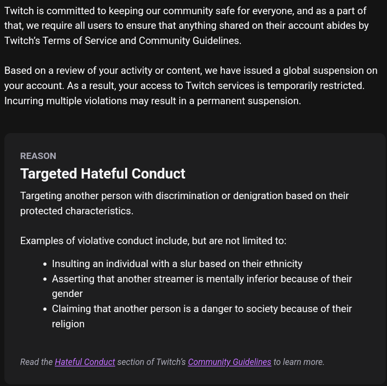 Morf_UK's tweet photo. So, today we found out, if you say in somebody's twitch chat "I hate men" or "I hate women" it is automatically picked up and you are hit with a 30 day ban on the platform... 

It was said as a joke, due to an awful valentines display by somebody in chat, but still, harsh? https://t.co/EgVdV8Bs5L