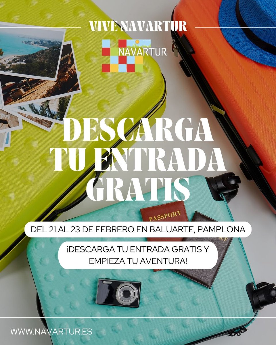 🎟️ ¡Tu próxima aventura empieza en #Navartur2025! 

¿Listx para descubrir destinos increíbles, probar sabores del mundo y ganar sorteos de viajes? ✈️

📅 Del 21 al 23 de febrero en Baluarte, Pamplona
Descarga tu entrada GRATIS 
👉 navartur.es/entradas-e-ins…