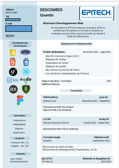 Help solidarité!
Mon fils cherche toujours un patron pour son alternance  en programmation informatique. Son école vient de lui donner le 1er avril comme échéance. Au-delà de cette date, il sera recalé et devra tout recommencer ailleurs. Si vous avez des pistes, n'hésitez pas...