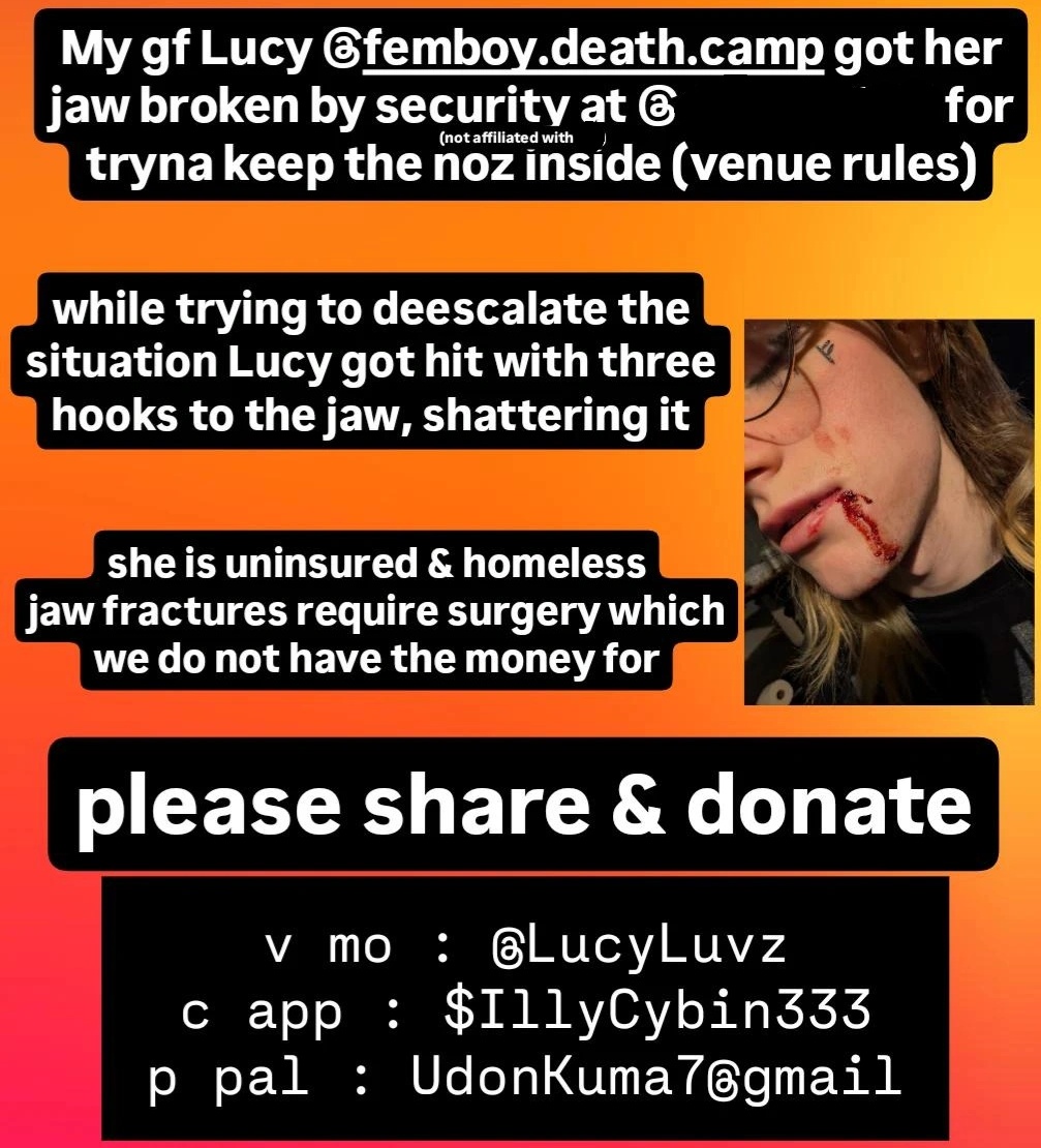 BOYMENSTRUATION's tweet photo. HELP A HOMELESS TRANS WOMAN RECOVER FROM AN ASSAULT (organizers censored for community safety) https://t.co/67O4Dtat8v