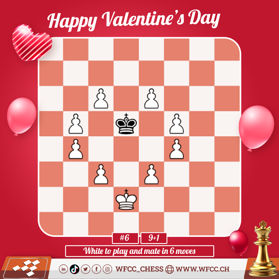 Wfcc_Chess's tweet photo. Happy Valentine’s Day! ❤️ ❤️ ❤️
https://t.co/JMy5LGd80u
White to play and mate in 6 moves
Dylan Schenker
Chess Problems and Studies Discord
February 14, 2023
#chess #chessproblem #selfmate #solving #composition #wfcc https://t.co/OxZE41pWh9