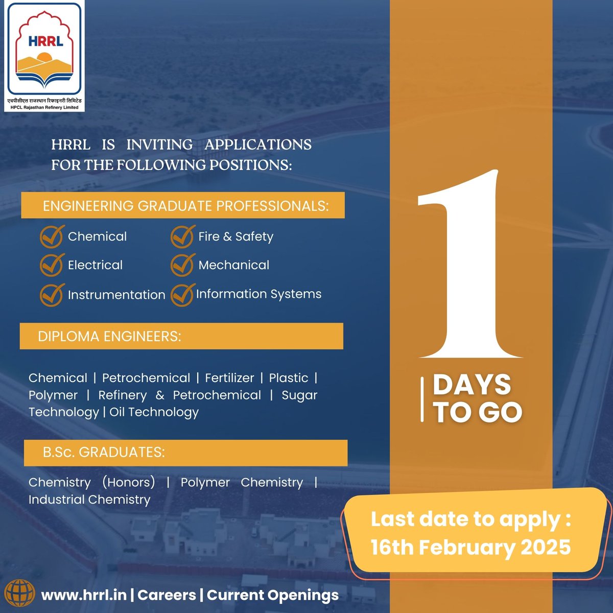 HRRL_Rajasthan's tweet photo. 🚀Your future won’t wait! Just 1 day left to apply for HRRL vacancies! 
🎯Engineering, Diploma &amp; https://t.co/DKROZs9Z0v. graduates—take the leap, shape your career, and grow with us! Apply now!

@HPCL 
@RajGovOfficial 
#CareerGrowth #HRRL #CareerOpportunity #ApplyNow https://t.co/9E7q4dJJI4