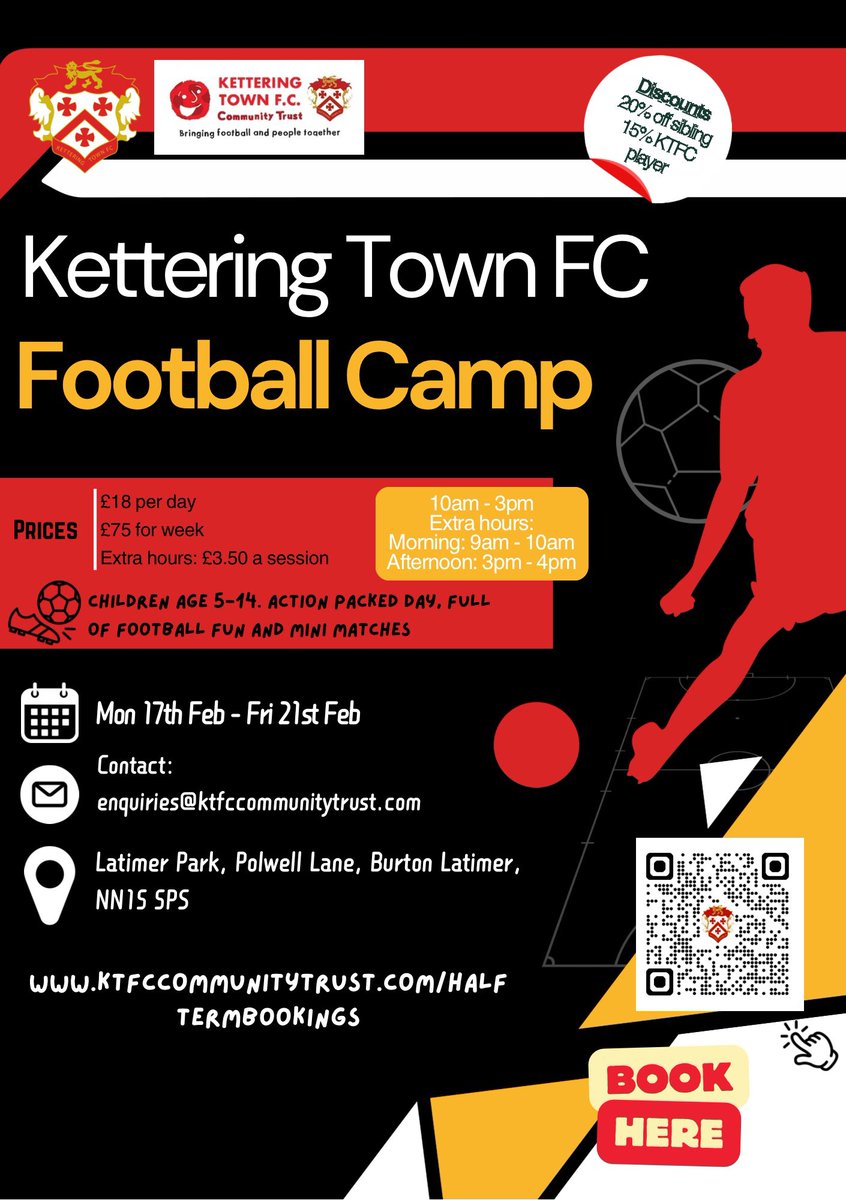 Our Kettering Town FC half-term football camp is nearly upon us - still time to book if any children would like their football fix ⚽️
Full week or individual days available 🔴⚫️
ktfccommunitytrust.com/schools-out