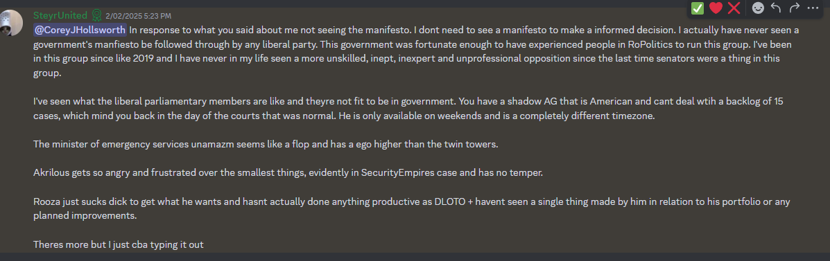 smhonroblox's tweet photo. Fmr. Judge SteyrUnited is rumoured to become the next Attorney-General. This can be seen by him proposing a new Crimes Bill within the Parliament Server. https://t.co/FBzfKQhBpF