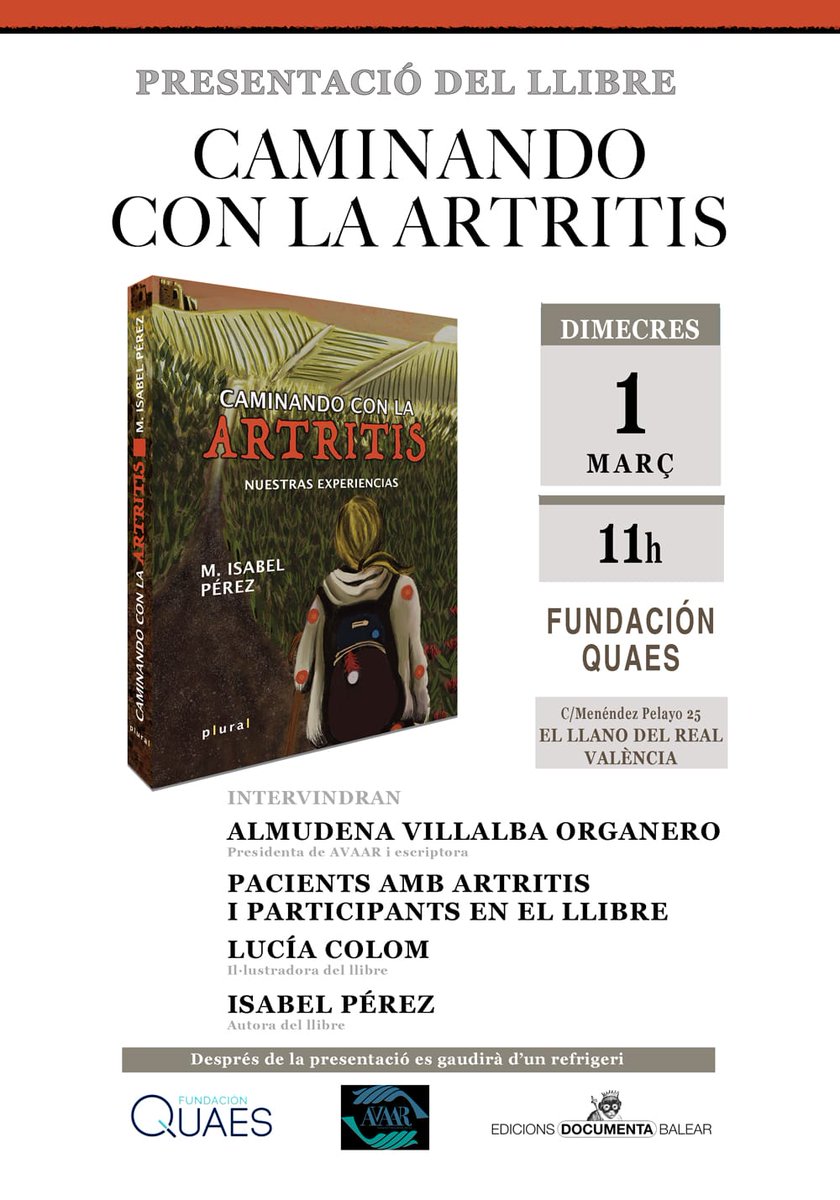 Nos vamos #valencia a presentar el libro #caminandoconlaartritis de <a href="/DocumentaBalear/">Documenta Balear</a>, gracias a la organización del evento por parte de <a href="/artritisvalenci/">AVAAR</a> y al espacio de <a href="/FQuaes/">Fundación QUAES</a> . Gracias!!!
Participa nuestra ilustradora #luciacolom
#artritis #aij #espondilitis <a href="/AndreaPuertoAIJ/">Aɴᴅʀᴇᴀ Pᴜᴇʀᴛᴏ</a>