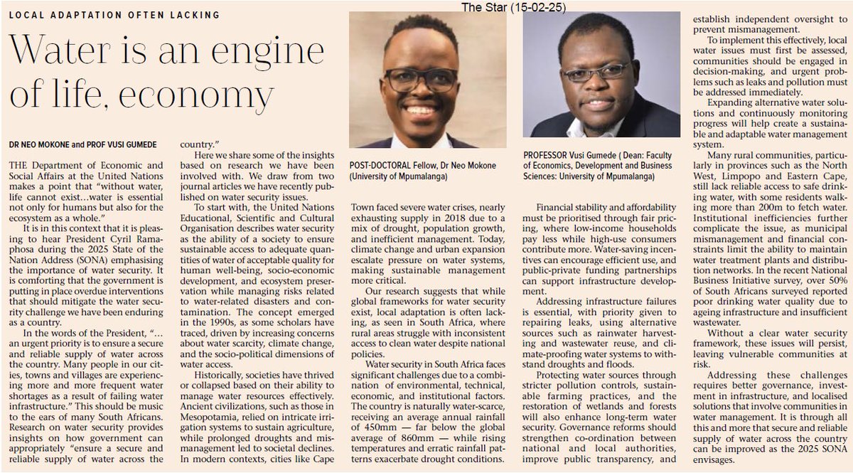 Dr Neo Mokone &amp; I did an opinion piece based on recent journal articles we published around water security issues…