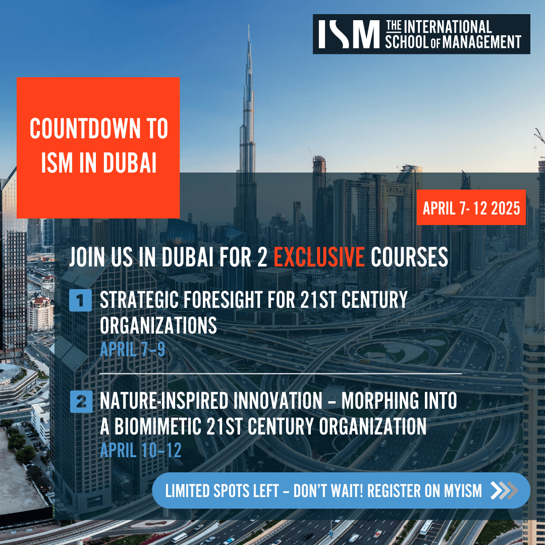 ismedu's tweet photo. ⏳ Spots are filling fast!

Join ISM in Dubai for two exclusive courses:
📅 Strategic Foresight (April 7–9)
📅 Biomimicry Innovation (April 10–12)

Led by Dr. Tobias de Coning. Limited seats remain—register now via https://t.co/rwgfq994Os!

#ISM2025 #Leadership #Innovation https://t.co/NKDK9uLnZO