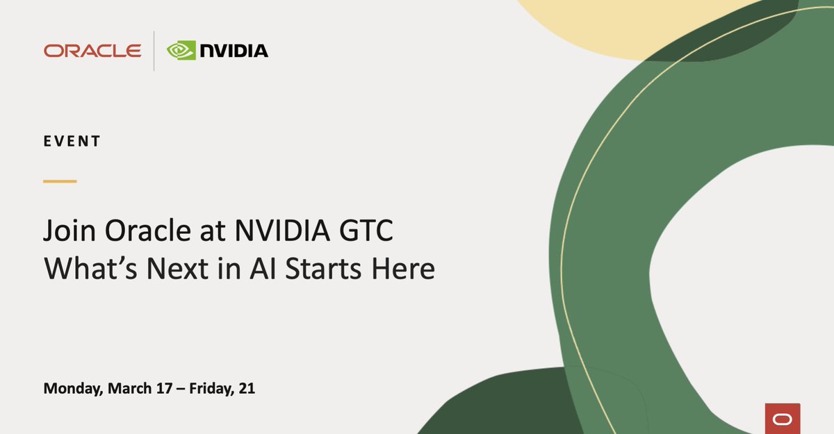 Rob_Samir's tweet image. Meet Oracle at #GTC25, March 17-21! Learn how to scale your #AI workloads across all #cloud deployment models with #OCI’s #NVIDIA accelerated computing platform. Register now and receive 20% off in-person registration: social.ora.cl/6010IoErA