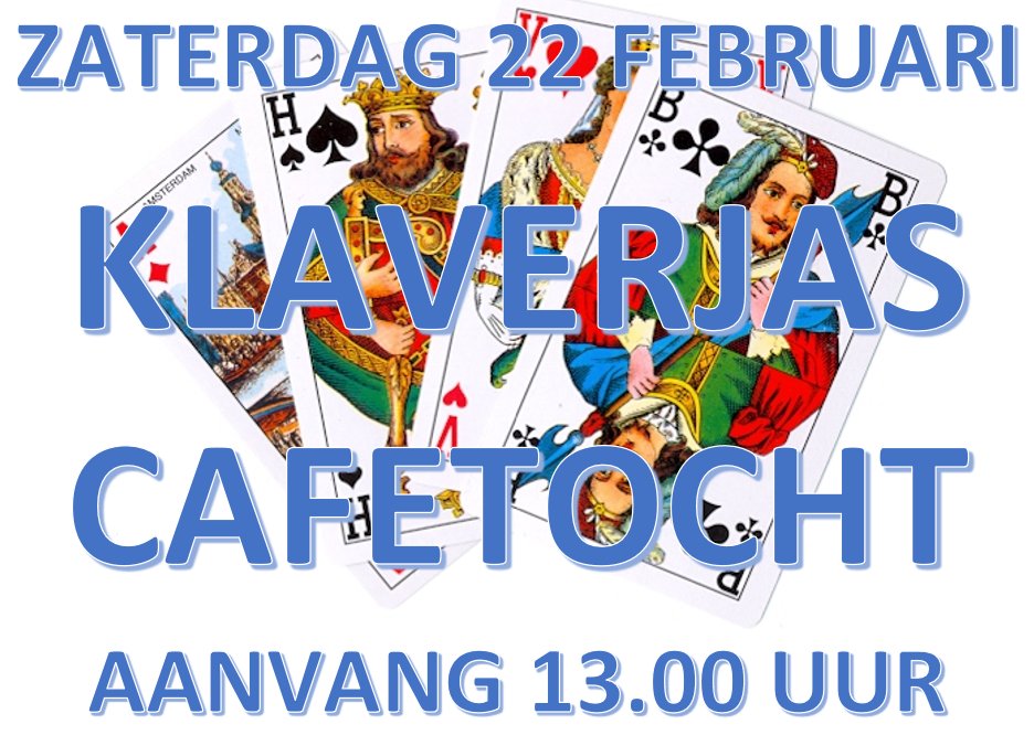 Aanstaande zaterdag 22 februari is het zover! De jaarlijkse Klaverjas Cafétocht in Norg. Met maar liefst 232 deelnemers wordt er geklaverjast op vijf locaties.
Klik hier voor het overzicht van de deelnemers: cafezwaneveld.nl/nieuws/