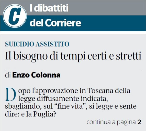 Oggi, 15 febbraio, nel <a href="/corrmezzogiorno/">CorriereMezzogiorno</a> Puglia / <a href="/Corriere/">Corriere della Sera</a>.
#suicidioassistito <a href="/cortecost_off/">Cortecostituzionale</a> <a href="/RegionePuglia/">RegionePuglia</a> <a href="/regionetoscana/">Regione Toscana</a>  <a href="/CRToscana/">CR Toscana</a>