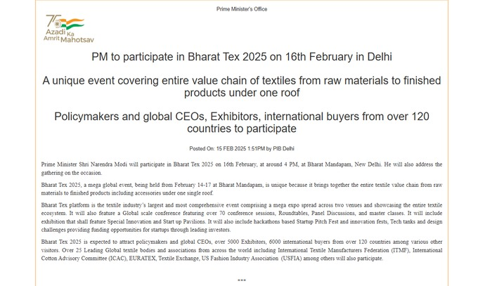 DDNewslive's tweet photo. Prime Minister Narendra Modi will participate in Bharat Tex 2025 on 16th February at 4 PM at Bharat Mandapam, New Delhi. PM Modi will address the gathering at this mega expo showcasing the entire textile ecosystem.
#BharatTex2025 #TextileEvent #FashionForFuture #GlobalTextileShowcase
@PMOIndia @narendramodi @TexMinIndia @girirajsinghbjp @PIB_Indiaย @MIB_India