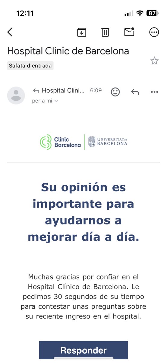 Hola, <a href="/hospitalclinic/">Hospital Clínic</a> i <a href="/UniBarcelona/">Universitat de Barcelona</a> Us respondré quan m’envieu l’enquesta en català, i serà per dir-vos que he al·lucinat de la quantitat de personal INCAPAÇ de parlar en català que treballa a la Maternitat. Vergonyós no poder ser mare en català ni a l’hospital de la UB.