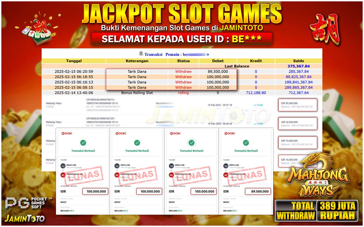 Selamat kepada Member VIP username beja******* atas JACKPOT PAUS di game PGSoft - Mahjong Ways total withdraw sebesar Rp389.500.000 salam JACKPOT dari JAMINTOTO

Link JAMINTOTO : heylink.me/terjaminvipp

#fypシ #JAMINTOTO #masukberanda #gacor #JACKPOT