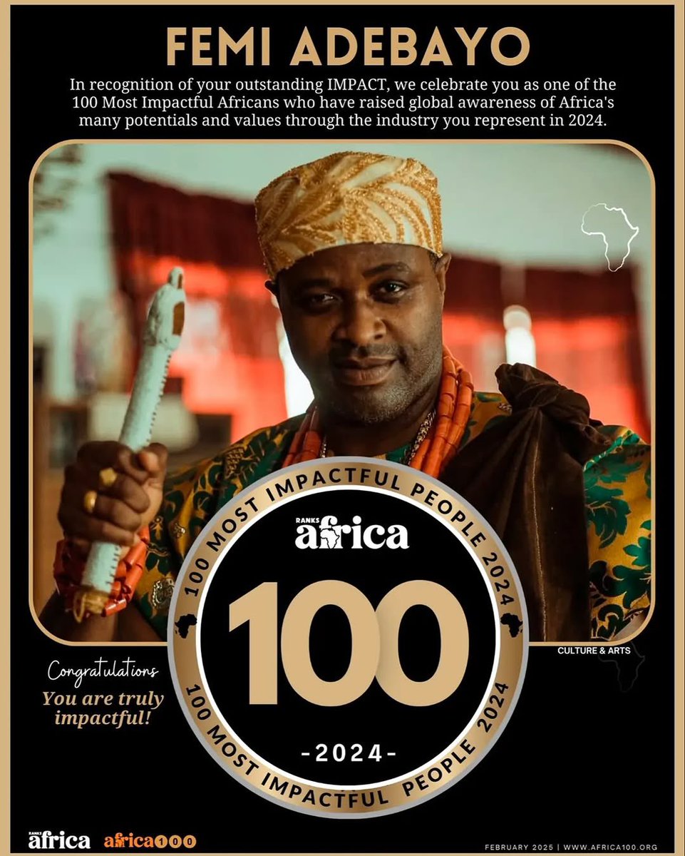 realfemiadebayo's tweet photo. Thrilled to be recognized as one of the
100 Most Impactful Africans of 2024 by Ranks Africa in the #Africa100 edition.
This recognition is not just mine, it belongs to everyone who has supported, inspired, and believed in the journey.
A huge thank you to @RanksAfrica for this incredible honor and for celebrating African excellence. Your dedication to spotlighting impact across the continent is truly commendable.
To my family, fans, and colleagues-your unwavering love and support continue to fuel my passion for storytelling and cultural preservation.
Together, we keep pushing boundaries and making history!
#Africa100Mostlmpactful
#RanksAfrica
#AfricanExcellence
#Gratitude
#MakingImpact