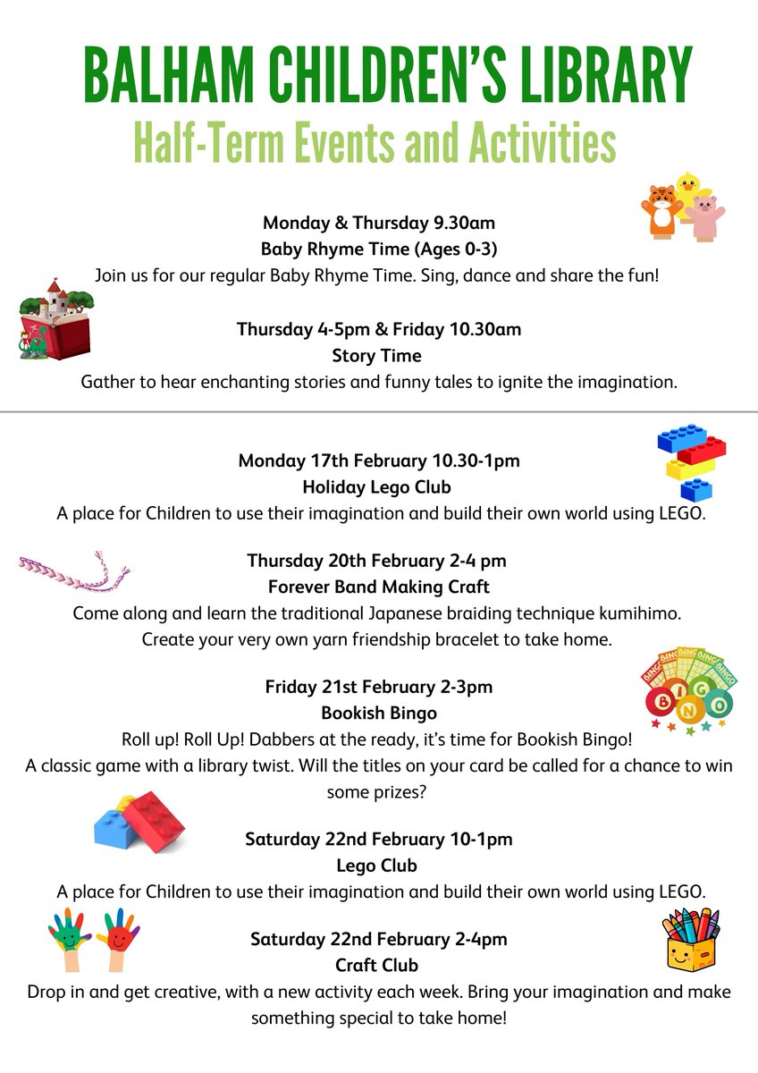 Better_Balham's tweet image. HALF TERM IS HERE!
As well as our usual activites, #Balham Library has you covered with an extra lego session, bookish bingo and bracelet making using Japanese braiding technique kumihimo.
No need to book, just come and enjoy half tern at your #LocalLibrary
@wandsworthLibs