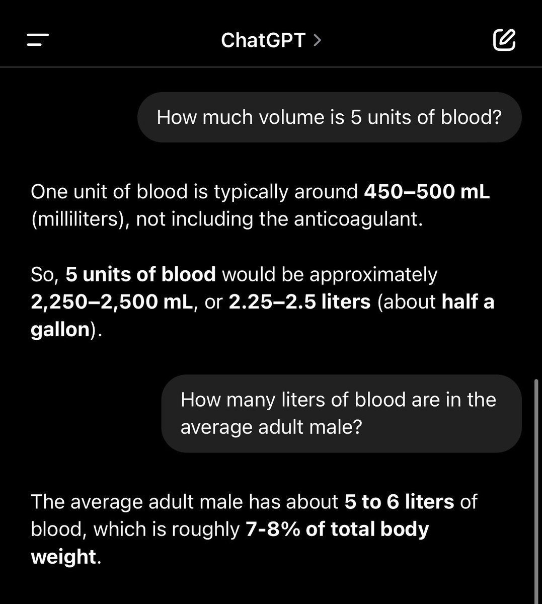 Here's a piece to this story Ive wondered about, but it took me 13 yrs to figure out (tbh I havent tried hard)

During recovery I was told I needed 5 units of blood &amp; an emergency blood drive at FOB Ghazni

According to ChatGPT, about half of all my blood had to be transfused😳🤯