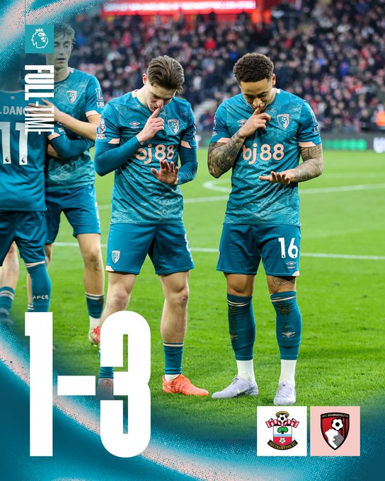 Full-time graphic: Southampton 1-3 AFC Bournemouth.