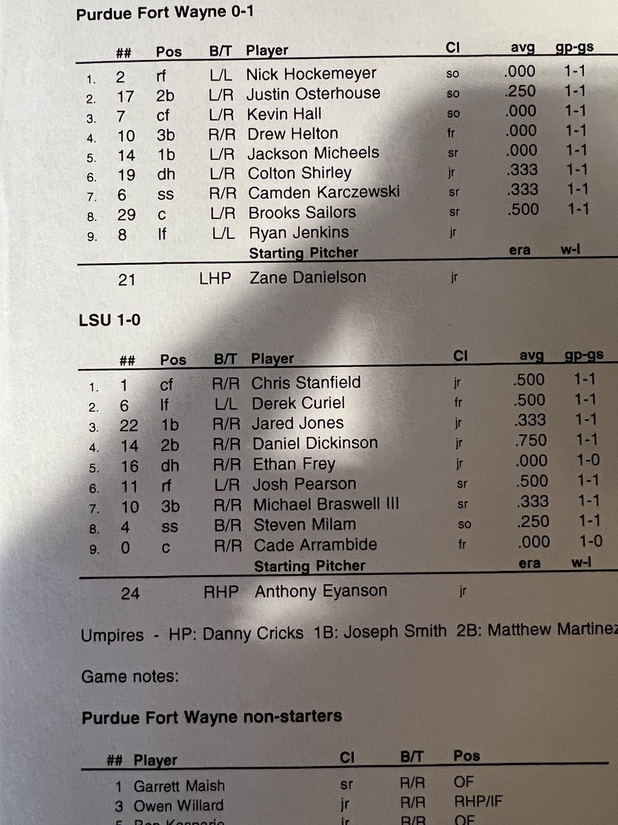 JohnEadsWAFB's tweet image. #LSU Saturday lineup. 

Ethan Frey in today at DH.

Cade Arrambide makes his first career start behind the plate. 

Josh Pearson moves back to the six spot while Braswell moves to seven.