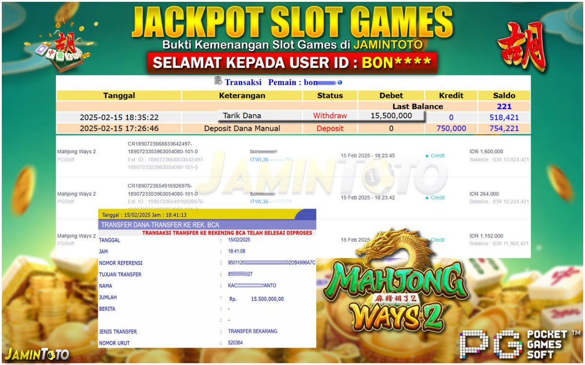 Selamat kepada Member VIP username  -bon****- atas Kemenangan nya di game PGSoft -Mahjong Ways 2- total withdraw sebesar Rp.15,500,000 salam JACKPOT dari JAMINTOTO kepada anda

Link JAMINTOTO : heylink.me/terjaminvipp 

#fypシ #JAMINTOTO #masukberanda #gacor #JACKPOT