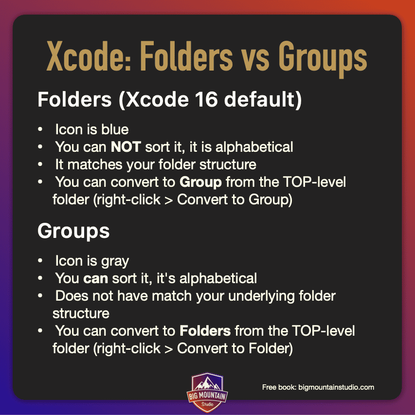 BigMtnStudio's tweet photo. ❓Which one do you prefer in Xcode? Folders or Groups? https://t.co/crWko2nApm