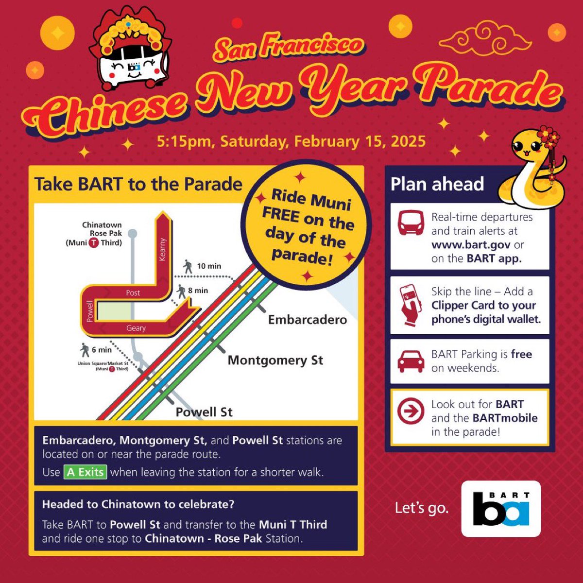 San Francisco’s annual Chinese New Year Parade is tonight, Saturday, February 15, starting at 5:15pm!

Montgomery Station is the closest BART station to the start of the parade, at Market and 2nd streets. Embarcadero and Powell St. stations are also close to the parade route. 👇