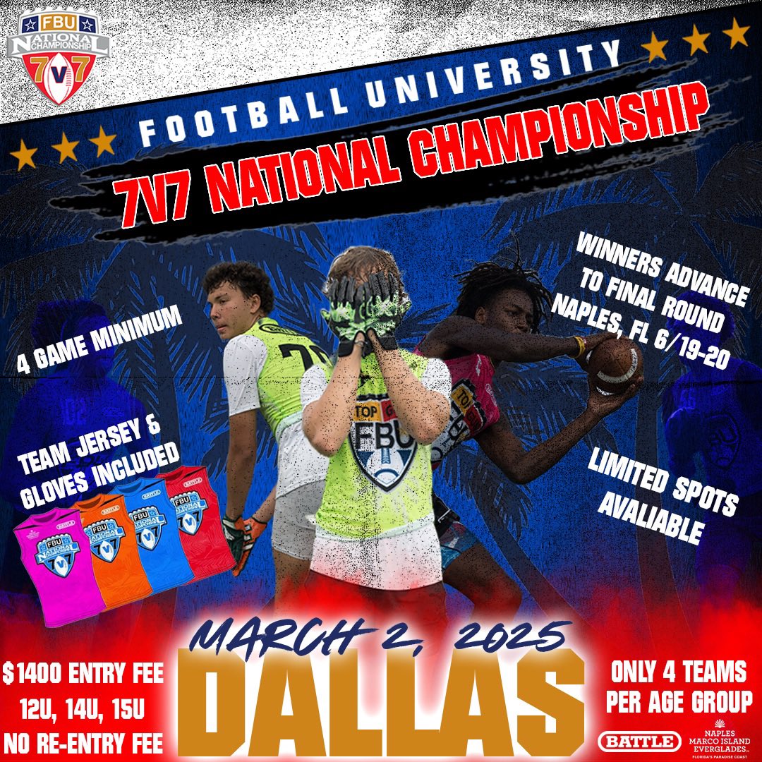 🔒𝐂𝐎𝐌𝐌𝐈𝐓𝐓𝐄𝐃

FBU DFW East &amp; Bullitt Academy is locked in for the FBU 7v7 Dallas Regional on March 2nd.

Only a few team slots left. Enter your squad 👇

footballuniversity.org/7-on-7/