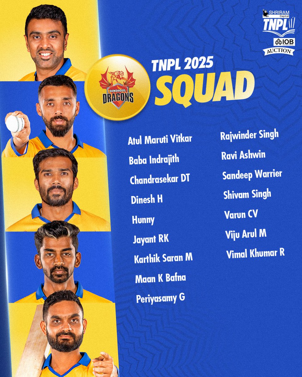 TNPremierLeague's tweet photo. Presenting all the squads for TNPL 2025! 💥
#NammaOoruNammaGethu #TNPL #TNPL2025 #TNcricket #TNPLAuction #TamilNaduCricket #TNCA https://t.co/jpJ46qCQdb