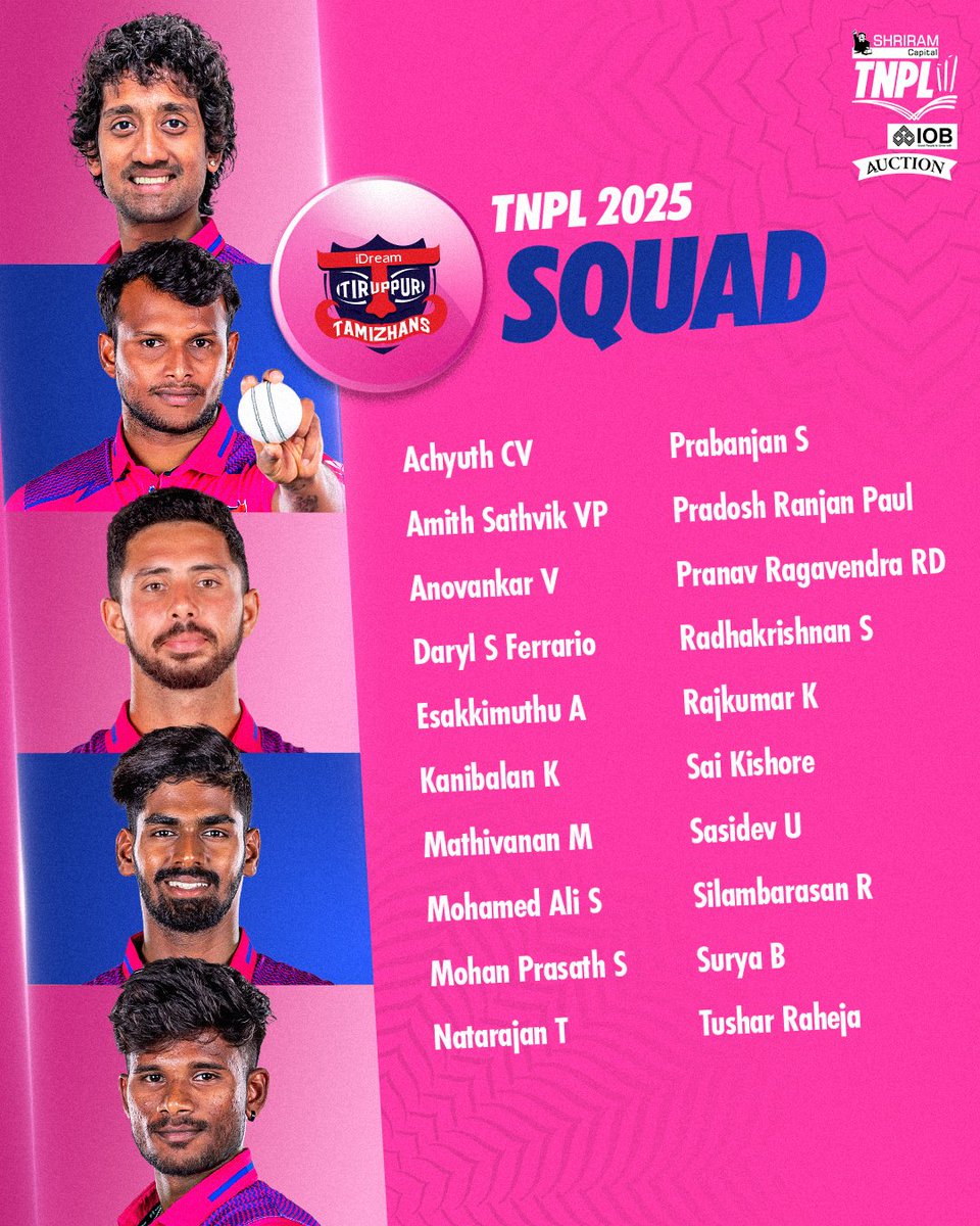 TNPremierLeague's tweet photo. Presenting all the squads for TNPL 2025! 💥
#NammaOoruNammaGethu #TNPL #TNPL2025 #TNcricket #TNPLAuction #TamilNaduCricket #TNCA https://t.co/jpJ46qCQdb