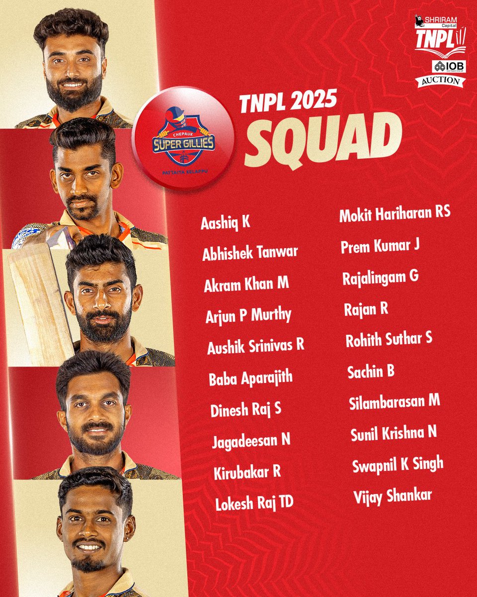 TNPremierLeague's tweet photo. Presenting all the squads for TNPL 2025! 💥
#NammaOoruNammaGethu #TNPL #TNPL2025 #TNcricket #TNPLAuction #TamilNaduCricket #TNCA https://t.co/jpJ46qCQdb