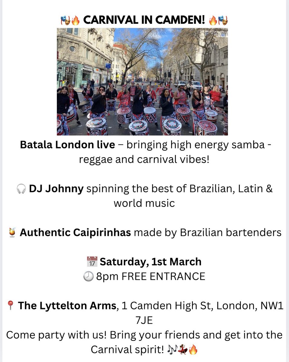 Brazilian carnival event in Camden, Saturday 1st March, 8pm. With #batalalondon and DJ Johnny, @ The Lyttelton Arms, 1 Camden High St. NW1 7JE
