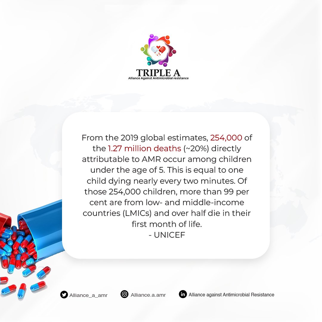 Every two minutes, a child under five loses their life to antimicrobial resistance. In 2019 alone, 254,000 children—mostly from low- and middle-income countries—died due to drug-resistant infections.

Use antibiotics responsibly. #StopAMR