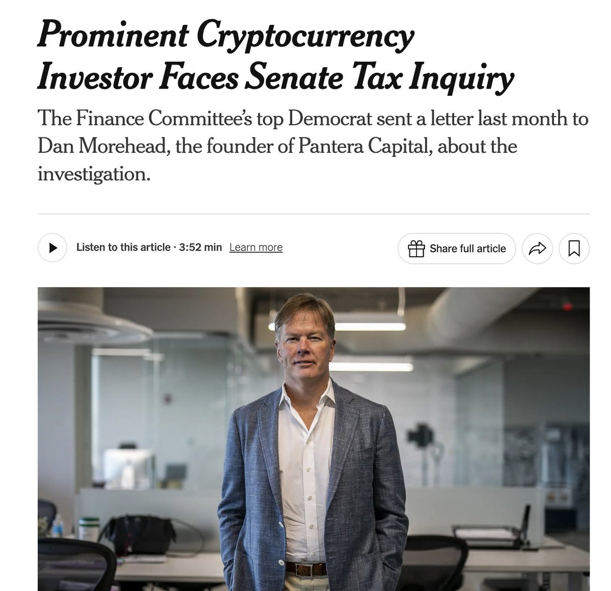 JBalmaceda787's tweet image. 1/ Senate Finance Committee targets Pantera Capital's Dan Morehead as part of investigation on tax compliance by wealthy Americans who have moved to #PuertoRico. A Jan 9 from Sen. Wyden requests detailed info about $850M in investment profits he made after moving to PR in 2020.