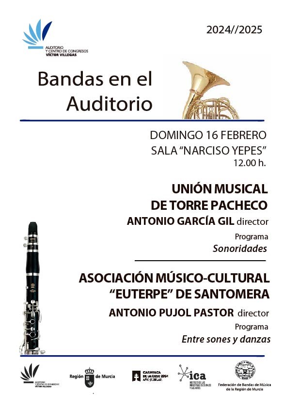 Federación Bandas de Música de la Región de Murcia (@febandasrmurcia) on Twitter photo 🎼CICLO "BANDAS EN EL AUDITORIO" 24-25
Mañana domingo 16 de febrero, a las 12:00 horas en el
<a href="/AUDITORIOMURCIA/">Auditorio Regional Víctor Villegas</a> con la participación de la <a href="/UMTP1/">Unión Musical de Torre Pacheco</a> y de la <a href="/amceuterpe/">Asociación Músico-Cultural 'Euterpe'</a> .
Colabora: <a href="/ICA_RegMurcia/">Instituto de las Industrias Culturales y las Artes</a>
#somosFBMRM 🎼CICLO "BANDAS EN EL AUDITORIO" 24-25
Mañana domingo 16 de febrero, a las 12:00 horas en el
<a href="/AUDITORIOMURCIA/">Auditorio Regional Víctor Villegas</a> con la participación de la <a href="/UMTP1/">Unión Musical de Torre Pacheco</a> y de la <a href="/amceuterpe/">Asociación Músico-Cultural 'Euterpe'</a> .
Colabora: <a href="/ICA_RegMurcia/">Instituto de las Industrias Culturales y las Artes</a>
#somosFBMRM
