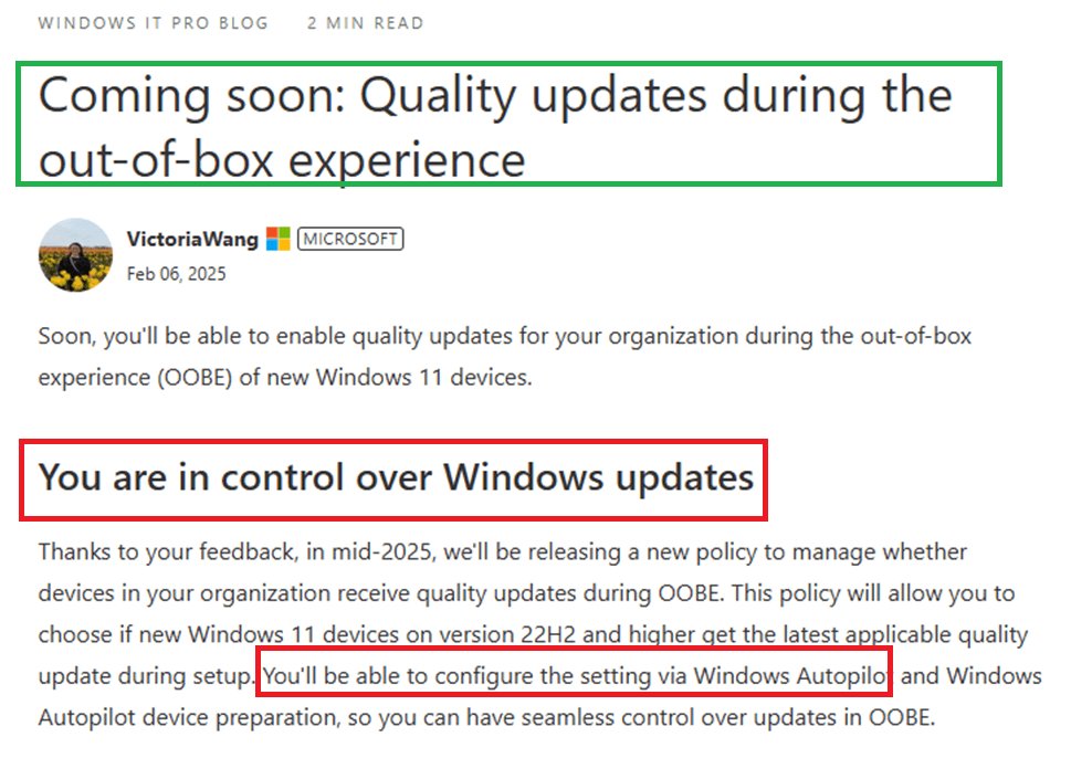 Look at this! It seems that Microsoft is reintroducing quality updates during OOBE (After Windows Autopilot) but this time, IT admins will have some control over this process.

A new "policy" lets organizations decide whether to install updates immediately or defer them during