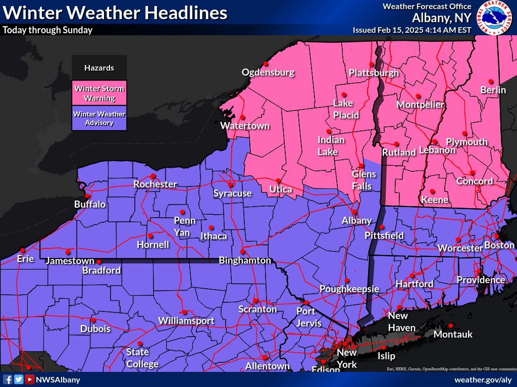NYSDHSES's tweet photo. Snow will begin midday today &amp; transition to a wintry mix of snow, sleet, freezing rain &amp; rain by Sunday morning.

🌧️ Monitor your local forecast closely
🚘 Travel will be hazardous
🧊 Ice accumulations may cause power outages
⚠️ Sign up for NY-Alert to receive emergency alerts https://t.co/NlVHGEV49V