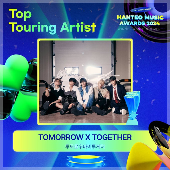 #32주년한터뮤직어워즈2024

🏆Top Touring Artist

#TOMORROW_X_TOGETHER #투모로우바이투게더

¡Felicidades por recibir este nuevo galardón!

#한터뮤직어워즈
#HanteoMusicAwards
#HMA2024
<a href="/TXT_bighit/">TXT OFFICIAL</a>