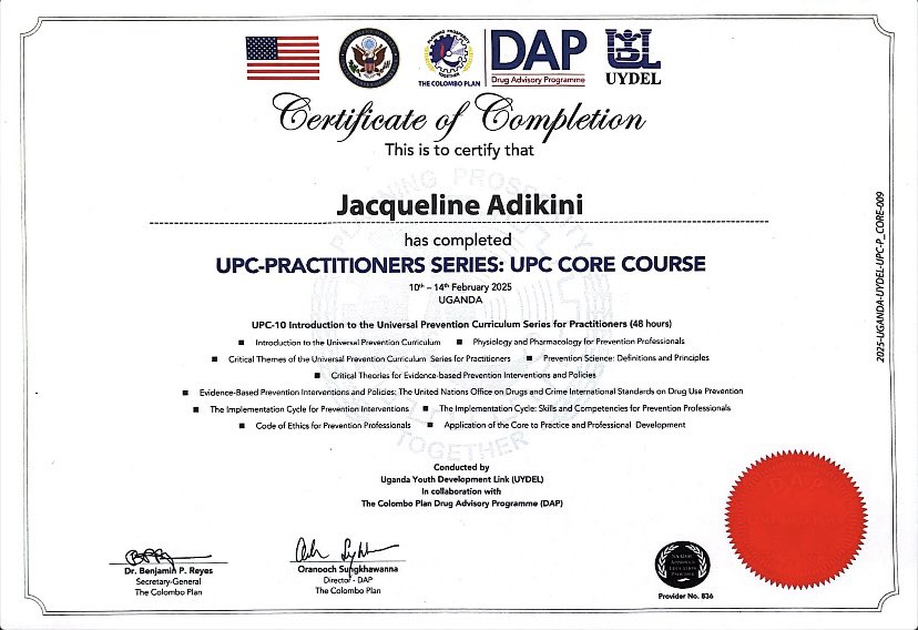 Just earned my UPC Practitioners Series: UPC Core Course certificate! 
This training enhances my ability to implement evidence-based prevention strategies, engage communities, and advocate for effective drug prevention policies. 
A vital step in strengthening my prevention work.