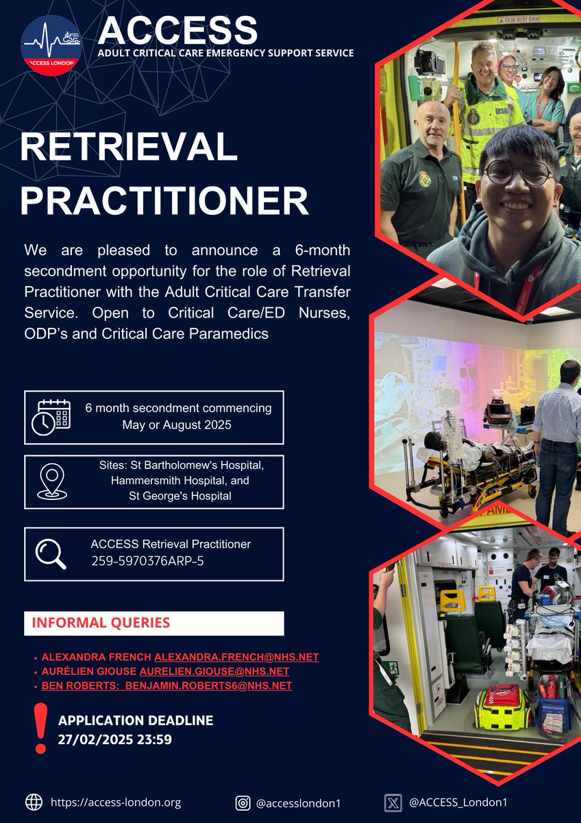 🚨 ACCESS is hiring! 🚨
🚑 We're looking for Retrieval Practitioners to join our Adult critical care transfer team.
💉 We welcome applications from Critical Care/ED Nurses, ODPs, and Critical Care Paramedics.
🔗 Apply now: jobs.nhs.uk/candidate/joba…
❓ Got questions? Get in touch
