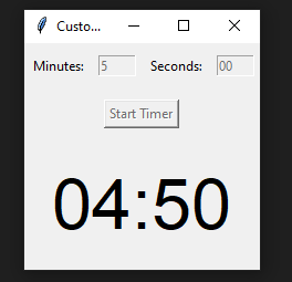 ElmerLeibniz's tweet photo. Day 45/365: Custom Countdown Timer ⏱️
✅ Enter minutes &amp; seconds to start
✅ Dynamic countdown display in MM:SS format
✅ Re-enables input after time’s up!
#365DaysOfCode | #Python | #Tkinter | #CountdownTimer https://t.co/xQzN93De6I